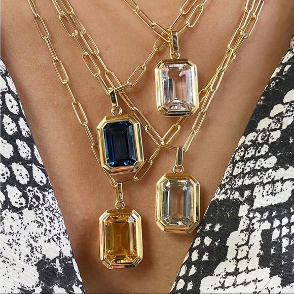 New 18k Gold Pink emerald cut pendant on paper clip necklace - Picture 6 of 8